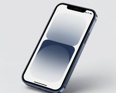 Minimalist photography of a sleek smartphone displaying a modern mobile application interface with steel blue accents. Bright, high-end studio lighting.