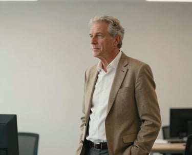A professional candid of a senior strategist in a minimalist, modern office. Soft cinematic lighting with off-white and tan tones. International setting.