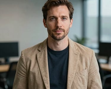 A portrait of an international creative director in a professional setting. The mood is trustworthy and results-oriented. Soft lighting with tan and steel blue accents.