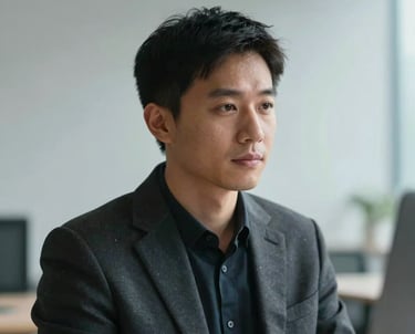 Portrait of a digital media expert in a focused environment, soft light, professional attire, modern minimalist background. International setting.