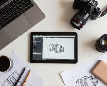 A top-down view of a designer's workspace featuring high-end digital tools, a camera, and architectural sketches. Off-white and tan color palette.