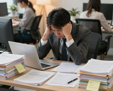 Overwhelmed business professional surrounded by paperwork representing ShopFever's manual process ch