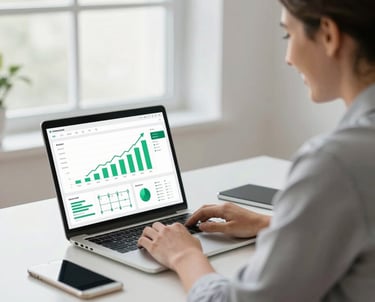 Business professional reviewing streamlined automation dashboard with upward-trending performance ch