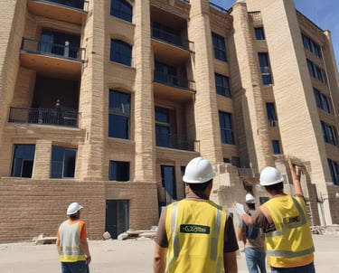 Construction team reviewing blueprints on site with safety gear.