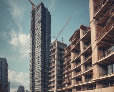 Construction workers collaborating on a modern building site under clear skies.
