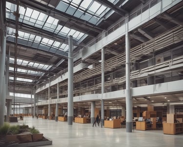 A vibrant commercial shophouse with large glass windows and bustling street view.