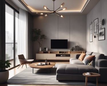 A cozy, stylish living room with warm lighting and tasteful decor that invites comfort. more tech