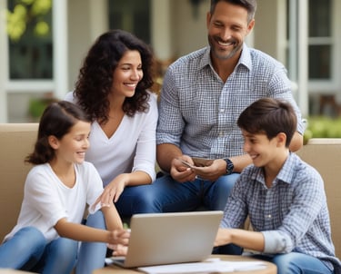 a family sitting on a couch in a living room