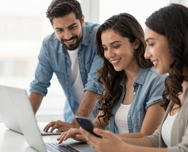 A vibrant illustration showing diverse people interacting with various types of websites on different devices.