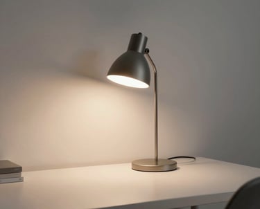 A minimalist desk setup with a single modern lamp casting a warm glow over a clean workspace, emphasizing a calm and focused work atmosphere.