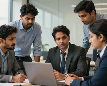 A group of professional colleagues in a South Asian office environment having a focused discussion around a table with a laptop. The lighting is soft and collaborative.