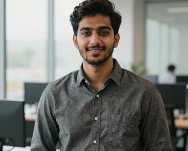 A professional and friendly portrait of a young South Asian man, Hassan Daniyal, in a modern, well-lit office environment. He is wearing business casual attire, looking confidently towards the viewer with a slight smile. The background is softly blurred, showing subtle hints of technology. Natural light from a large window illuminates the scene, creating a clean and inviting atmosphere. The composition is a mid-shot, highlighting his approachable and professional demeanor.