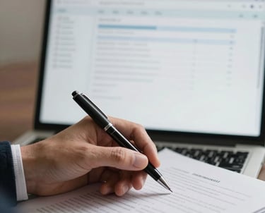 A close-up photograph of a person in professional attire holding a pen over a document. In the background, a laptop screen shows a project management tool. Muted, professional tones.