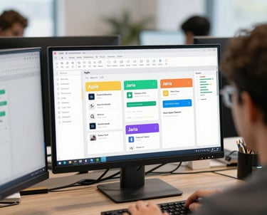A professional setup with multiple monitors in a bright office. One monitor displays a project management board with several cards, symbolizing Agile and Jira workflow.