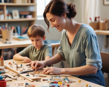 A joyful family crafting colorful DIY home décor together at a sunny kitchen table.