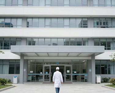 A doctor in a white lab coat walking toward the modern glass entrance of a medical research facility.