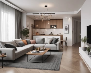 A cozy student apartment with a study desk and warm lighting.