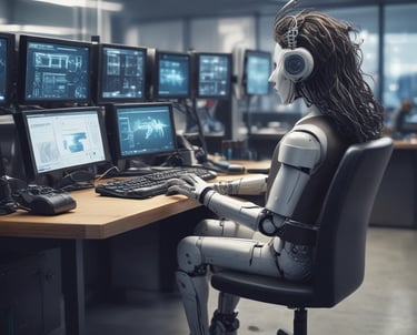 Sleek workspace with multiple screens displaying AI data analytics and website design interfaces.