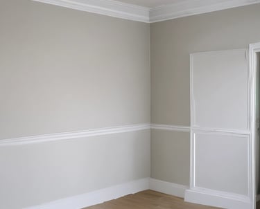 Before and after images of a modern kitchen remodel with fresh cabinetry.