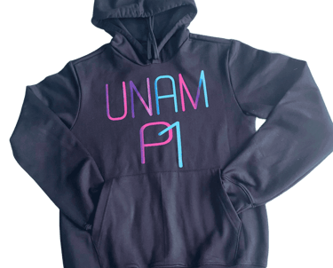 Black pullover UNAM P1 hoodie with pink and blue gradient lettering on a dark background.