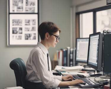 A professional woman working at her desk surrounded by organized files and a laptop.
