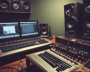 A group of musicians collaborating in a cozy studio environment.