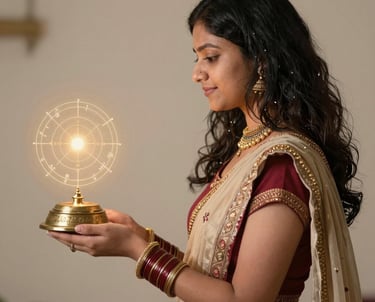 Portrait of Sonia Sarma in traditional Indian attire, surrounded by lotus flowers and sacred lamps.