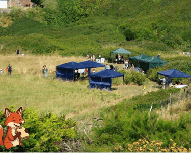 Overview of marquees and people at the wildlife fair with cartoon fox eating a sandwich