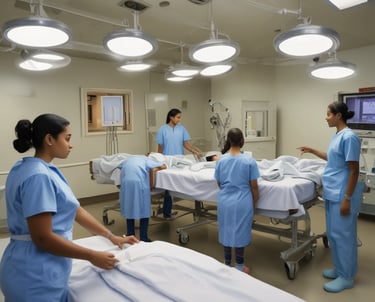 Students practicing clinical skills in a well-equipped hospital setting.