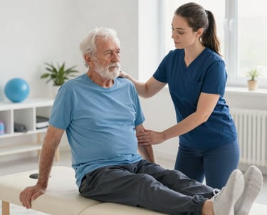 Elderly woman beginning light stretching exercises in a cozy home setting.