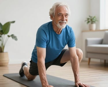 A warm, inviting photo of a smiling elderly person doing gentle exercises with a caring instructor in a bright, calm room.