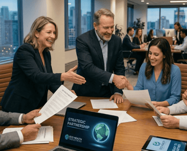 Smiling business professionals shake hands during a strategic partnership meeting in a modern office.