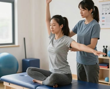 A caring physical therapist assisting a patient with gentle stretching exercises in a bright, welcoming clinic room.