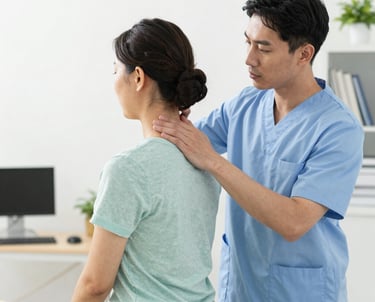 A compassionate physical therapist guiding a patient through a gentle stretching exercise in a bright Bronx clinic.