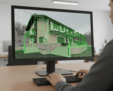 Architect using 3D modeling software on a computer to design a modern residential house wireframe. 
