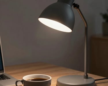 Cinematic photography of a sleek, dark-grey modern desk lamp illuminating a workspace with a single ceramic cup of coffee.