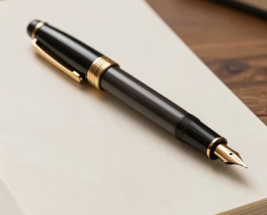 Close-up of a premium fountain pen resting on a blank high-quality journal, shot in a modern Middle Eastern study with warm wood accents.