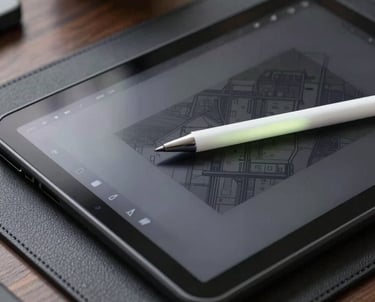 A close-up of a digital drawing tablet with a glowing pen, resting on a leather-textured desk pad in a dark room.
