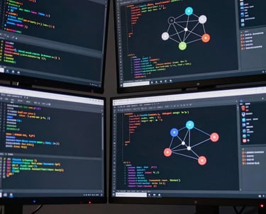 Low-angle shot of three modern computer monitors displaying lines of high-quality software code and AI node graphs in a dark-themed designer studio.