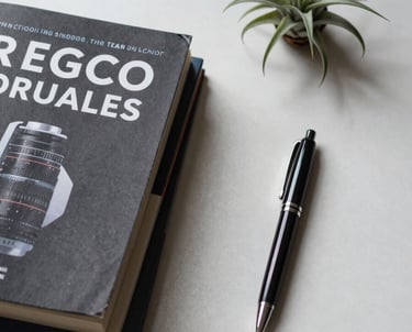 Top-down view of a minimalist desk with a neat stack of tech books, a single airplant, and a high-end designer pen.