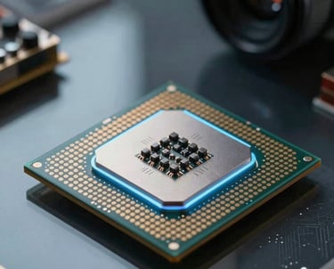 Macro shot of a high-tech processor glowing with soft blue light, sitting on a dark glass surface with reflections of a modern Middle Eastern workspace.