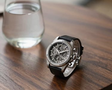 A premium close-up of a designer coffee table with a small glass carafe of water and a high-end mechanical watch, shot in soft morning light.