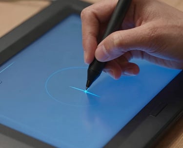 Close-up photography of a designer's hand using a high-precision stylus on a glowing blue digital drawing tablet.