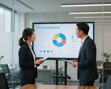 Two professionals in a meeting room with glass walls, discussing a strategy on a screen. North American / International high-end corporate setting.