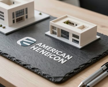 A professional desk with a small architectural model and a set of pens. Slate and off white colors. North American / International design firm.