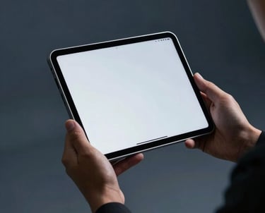 A professional in a modern studio environment, focusing on a tablet screen. Minimalist background in dark blue grey. North American / International professional aesthetic.