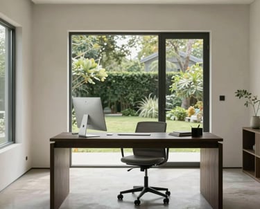 Wide shot of a minimalist home office with a view of a garden. Peaceful, professional, and elegant North American / International interior.