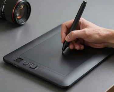 A designer's hand using a precise stylus on a high-tech drawing tablet. Minimalist slate-colored surroundings. North American / International studio.