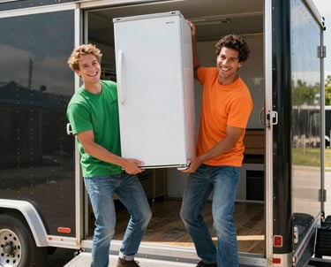 A bright box truck driving smoothly down a sunny suburban street, ready to haul away clutter.