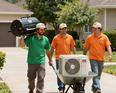 A clean box truck driving down a sunny suburban street, ready to haul away junk.